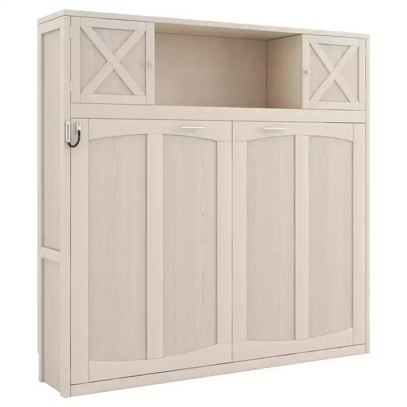 Cama Murphy de tamaño completo con armarios de almacenamiento, marco de cama de pared de madera, beige