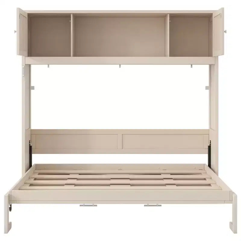 Cama Murphy de tamaño completo con armarios de almacenamiento, marco de cama de pared de madera, beige
