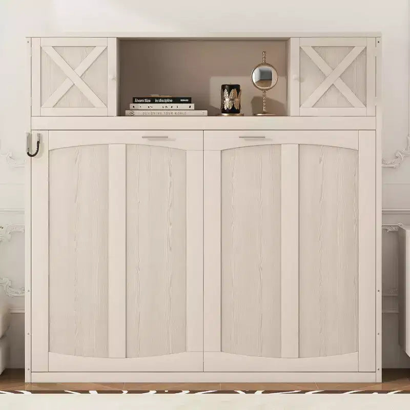 Cama Murphy de tamaño completo con armarios de almacenamiento, marco de cama de pared de madera, beige