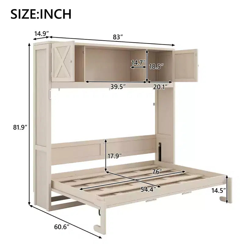 Cama Murphy de tamaño completo con armarios de almacenamiento, marco de cama de pared de madera, beige