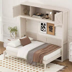Cama Murphy de tamaño completo con armarios de almacenamiento, marco de cama de pared de madera, beige