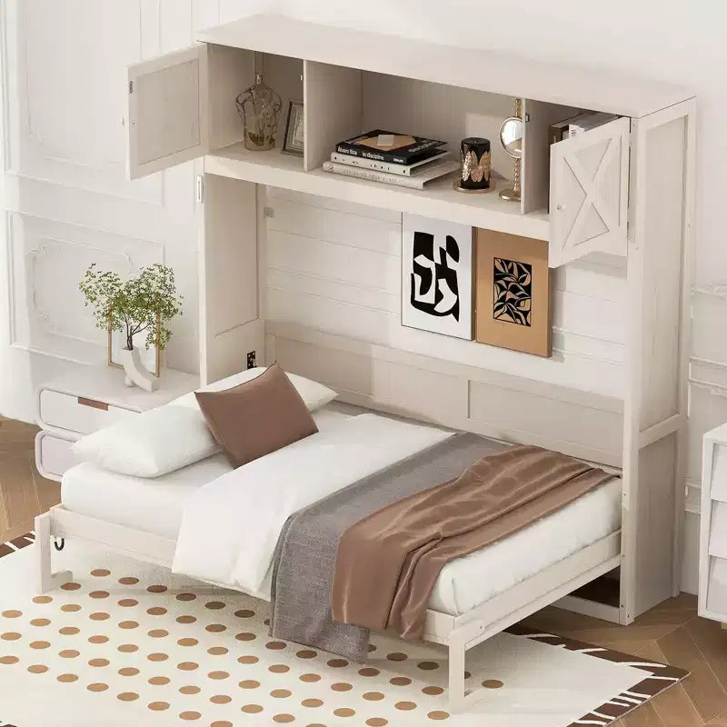 Cama Murphy de tamaño completo con armarios de almacenamiento, marco de cama de pared de madera, beige