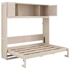 Cama Murphy de tamaño completo con armarios de almacenamiento, marco de cama de pared de madera, beige