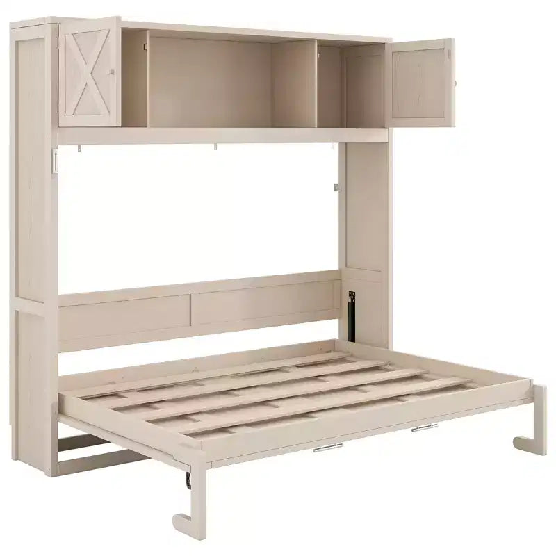 Cama Murphy de tamaño completo con armarios de almacenamiento, marco de cama de pared de madera, beige
