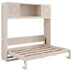 Cama Murphy de tamaño completo con armarios de almacenamiento, marco de cama de pared de madera, beige