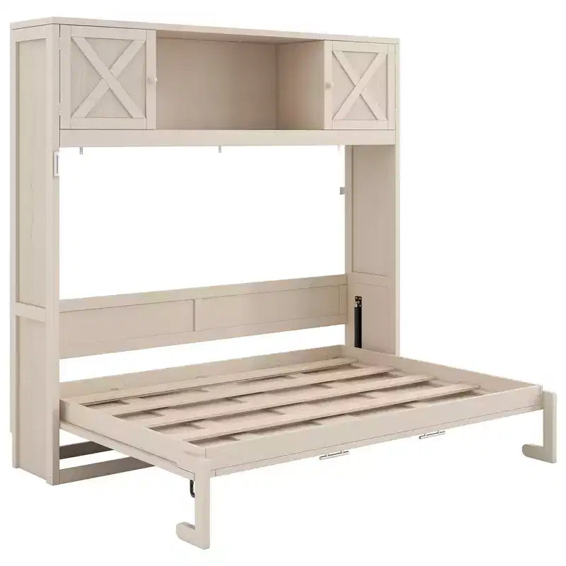 Cama Murphy de tamaño completo con armarios de almacenamiento, marco de cama de pared de madera, beige