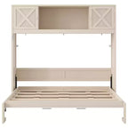 Cama Murphy de tamaño completo con armarios de almacenamiento, marco de cama de pared de madera, beige