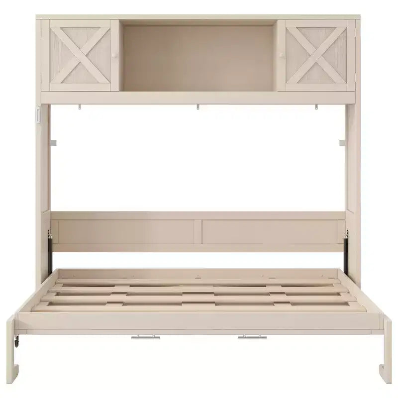 Cama Murphy de tamaño completo con armarios de almacenamiento, marco de cama de pared de madera, beige