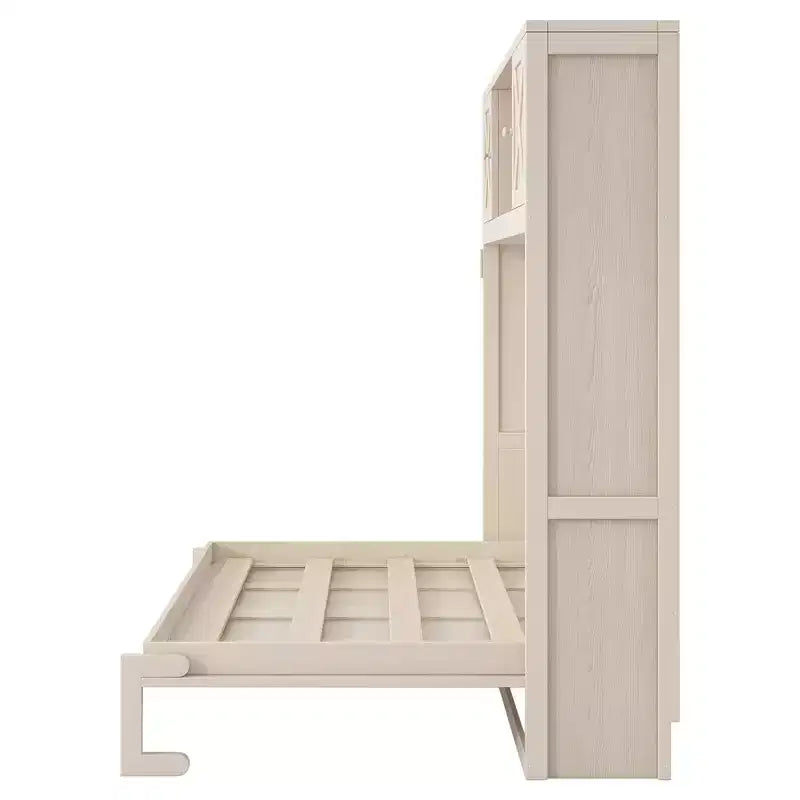 Cama Murphy de tamaño completo con armarios de almacenamiento, marco de cama de pared de madera, beige