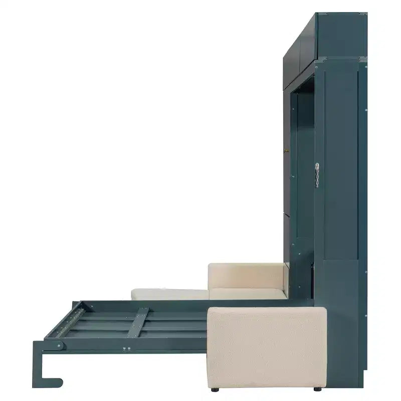 Cama Murphy Queen con sofá y mueble, cama plegable de pared con estantes
