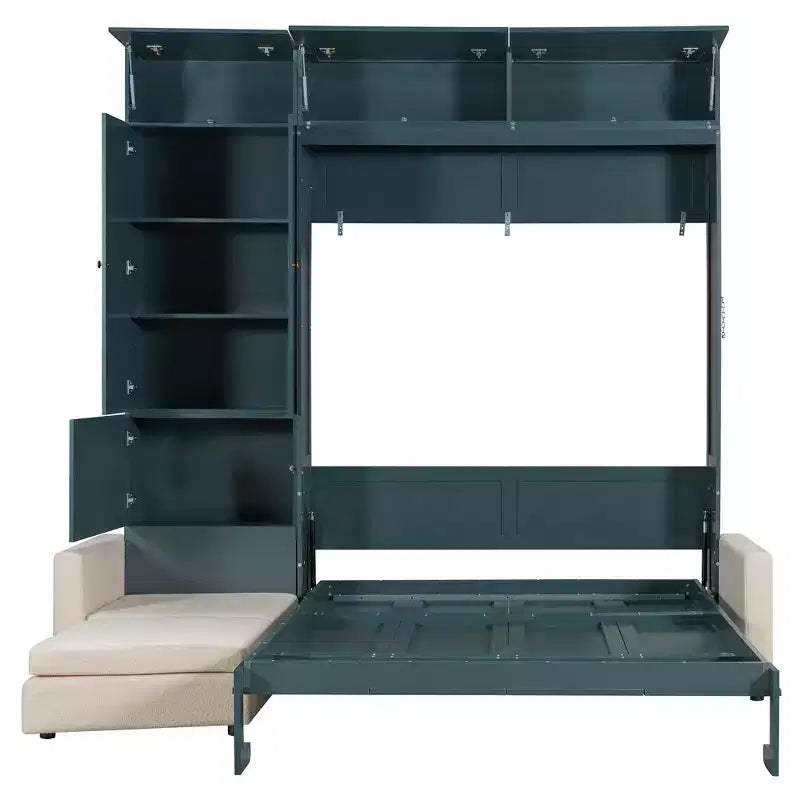 Cama Murphy Queen con sofá y mueble, cama plegable de pared con estantes