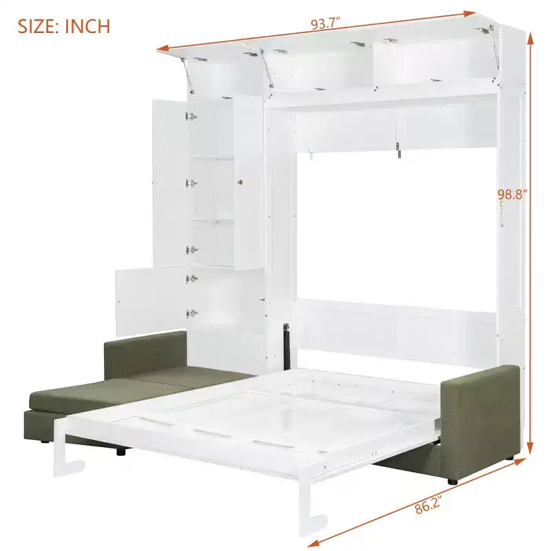 Cama Murphy Queen con sofá y mueble, cama plegable de pared con estantes