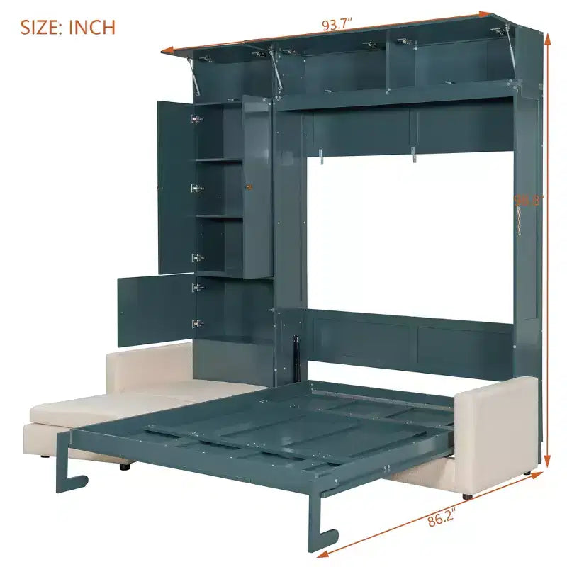 Cama Murphy Queen con sofá y mueble, cama plegable de pared con estantes