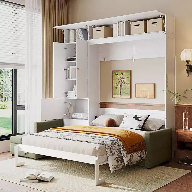 Cama Murphy Queen con sofá y mueble, cama plegable de pared con estantes
