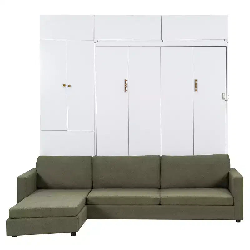 Cama Murphy Queen con sofá y mueble, cama plegable de pared con estantes