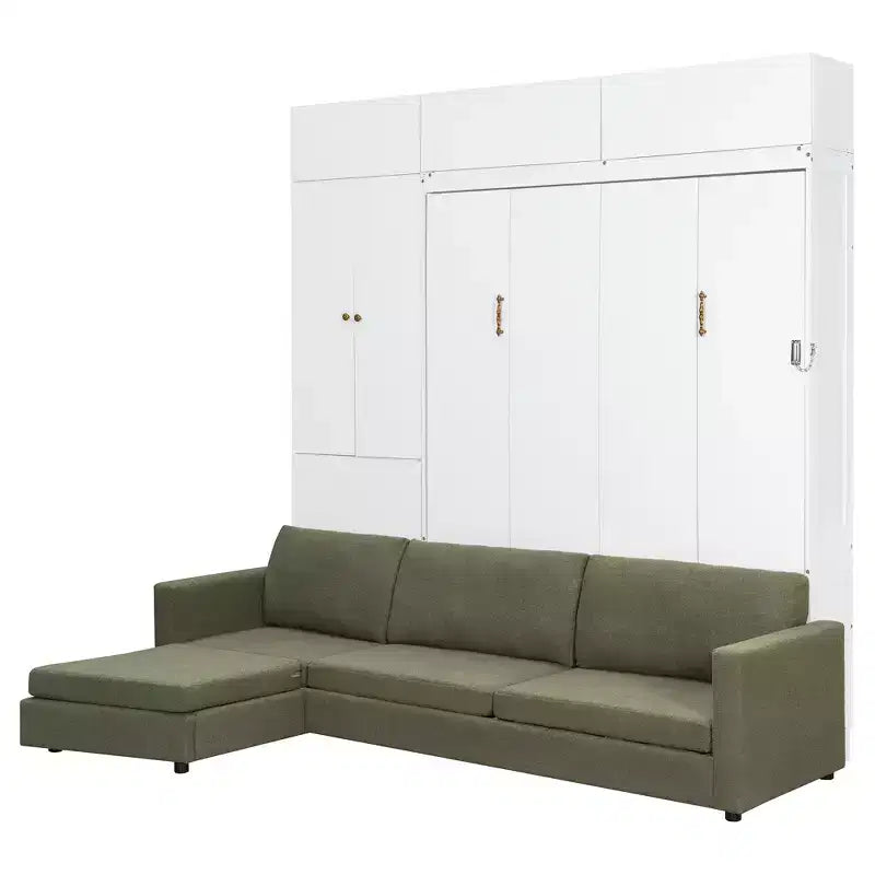 Cama Murphy Queen con sofá y mueble, cama plegable de pared con estantes
