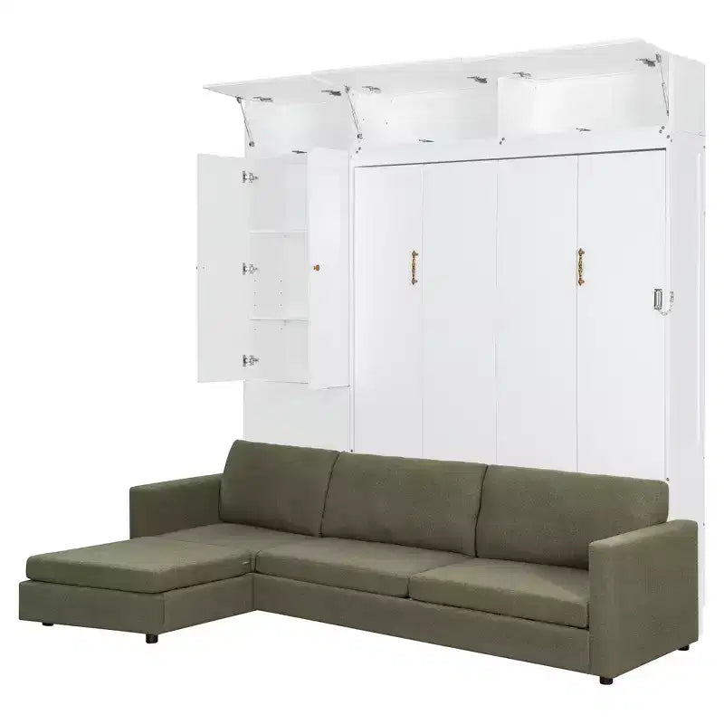 Cama Murphy Queen con sofá y mueble, cama plegable de pared con estantes