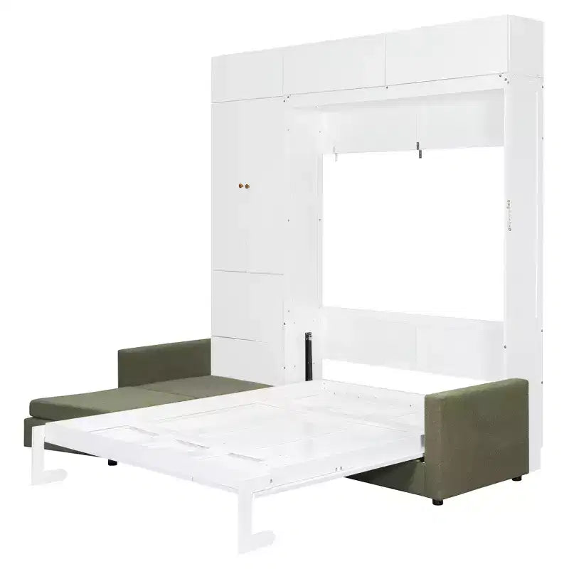 Cama Murphy Queen con sofá y mueble, cama plegable de pared con estantes