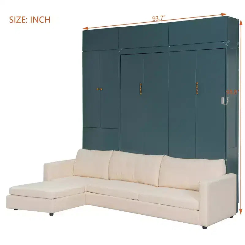 Cama Murphy Queen con sofá y mueble, cama plegable de pared con estantes