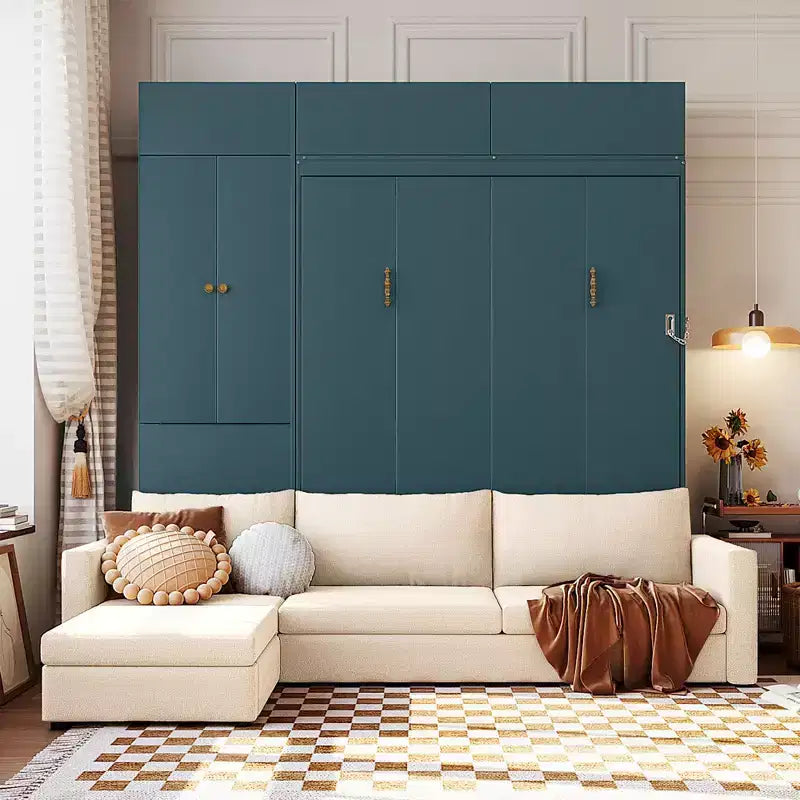Cama Murphy Queen con sofá y mueble, cama plegable de pared con estantes