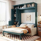 Cama Murphy Queen con sofá y mueble, cama plegable de pared con estantes