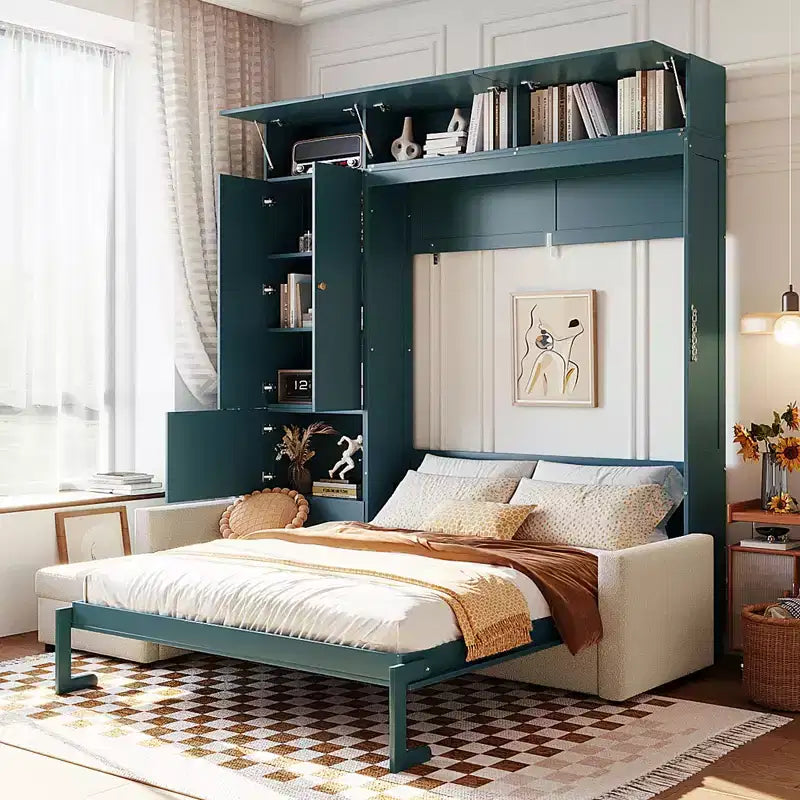 Cama Murphy Queen con sofá y mueble, cama plegable de pared con estantes