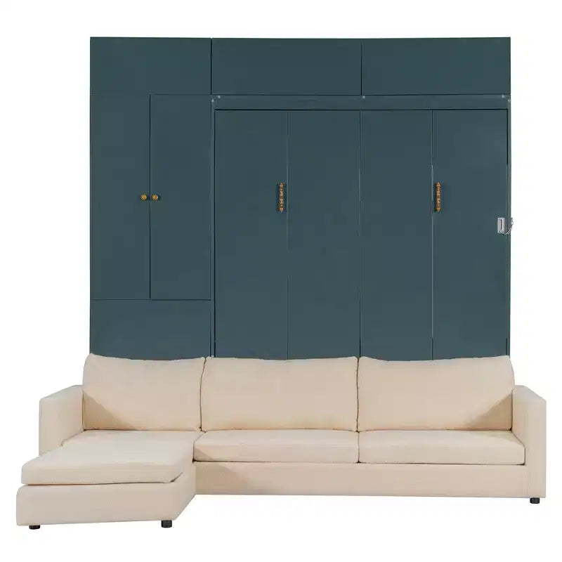 Cama Murphy Queen con sofá y mueble, cama plegable de pared con estantes