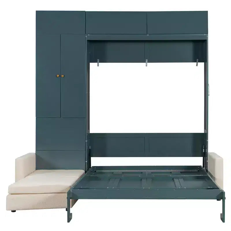 Cama Murphy Queen con sofá y mueble, cama plegable de pared con estantes