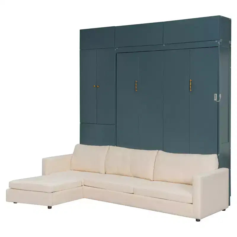 Cama Murphy Queen con sofá y mueble, cama plegable de pared con estantes