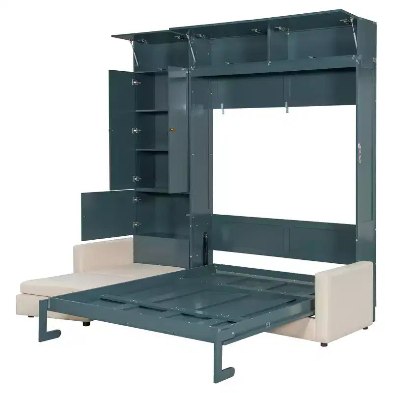 Cama Murphy Queen con sofá y mueble, cama plegable de pared con estantes