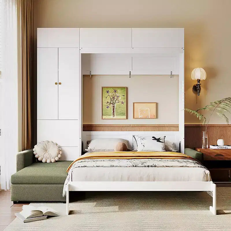 Cama Murphy Queen con sofá y mueble, cama plegable de pared con estantes