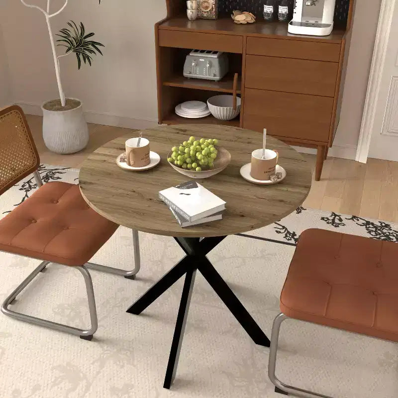 31.5 Round Kitchen Table, Rustic Brown MDF Top with Black Metal Legs, Freestanding Small Space Round Table for 24 People