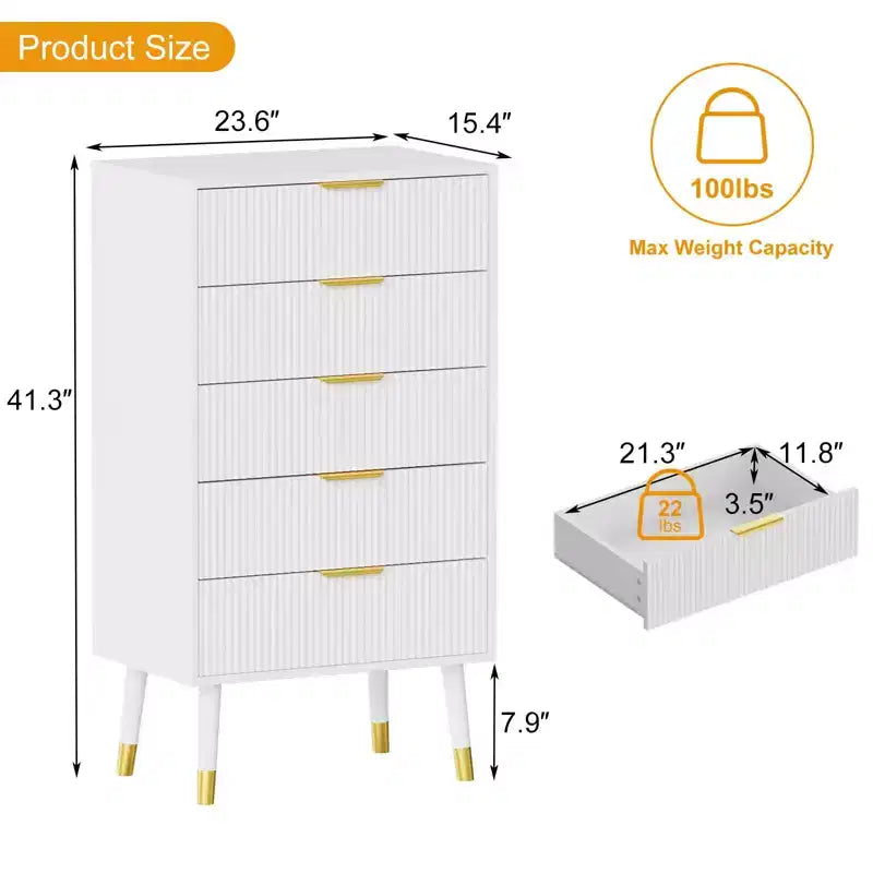 Modern Fluted 5-Drawer Dresser C Tall Wood Storage Cabinet with Gold Handles for Bedroom & Entryway