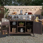 JVNOXK Farmhouse-Style Outdoor Kitchen Mobile Island with Storage Cabinets, Stainless Steel Countertop, Suitable for Kitchens, Dark Brown