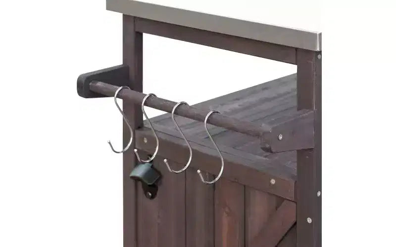 Isla móvil de cocina exterior rústica con encimera de acero inoxidable, marrón oscuro