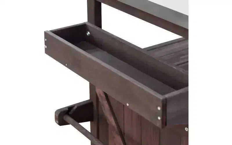 Isla móvil de cocina exterior rústica con encimera de acero inoxidable, marrón oscuro