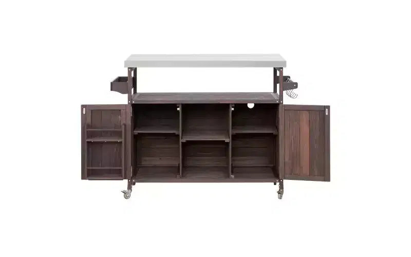 Isla móvil de cocina exterior rústica con encimera de acero inoxidable, marrón oscuro