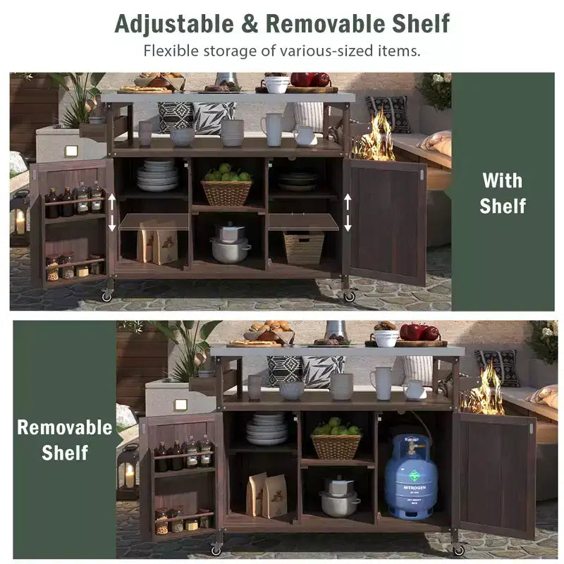 Isla móvil de cocina exterior rústica con encimera de acero inoxidable, marrón oscuro