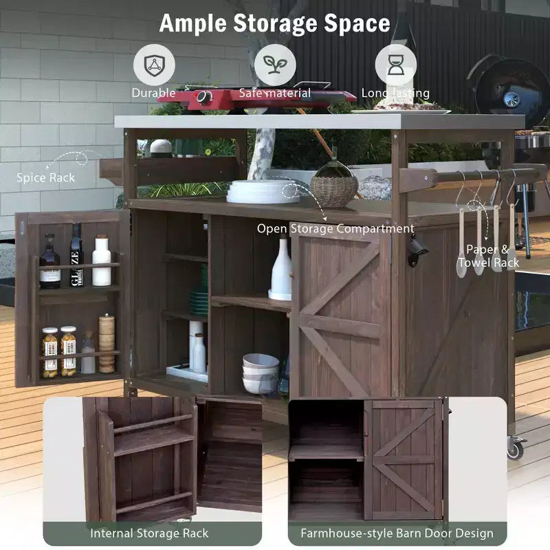 Isla móvil de cocina exterior rústica con encimera de acero inoxidable, marrón oscuro