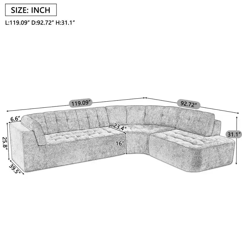 Sofá seccional moderno estilo L de 119", curvo minimalista con orientación a la derecha, con botones