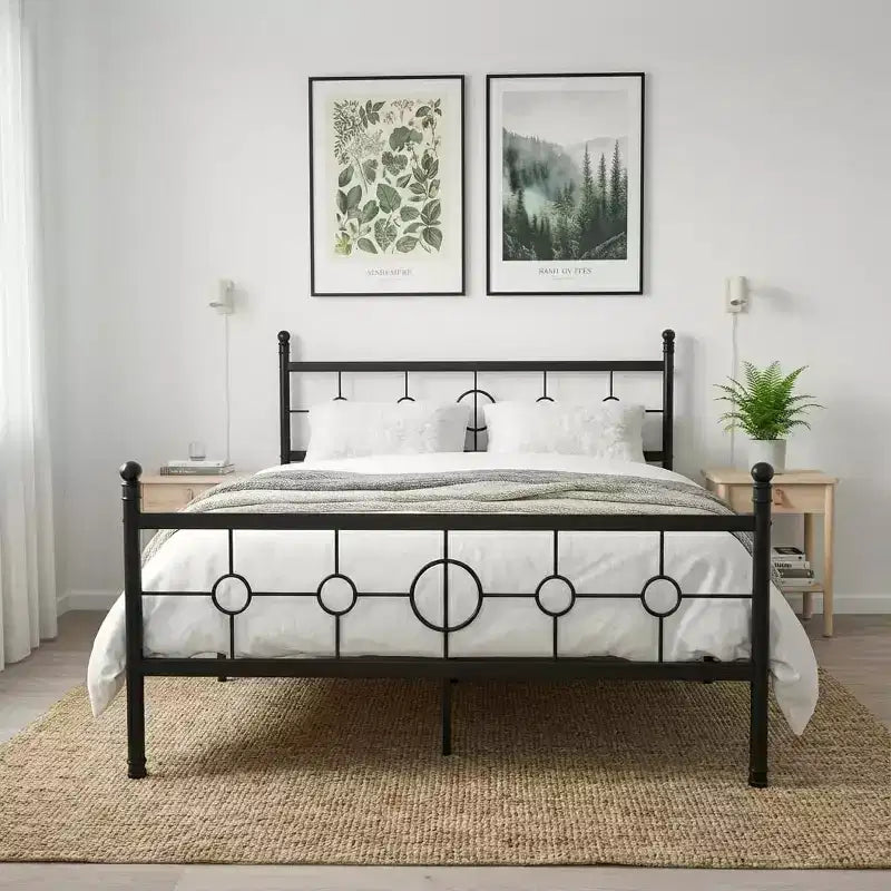 Metal Bed Frame with Vintage Circular Headboard, Heavy-Duty Iron Platform Bed, No Box Spring Needed, Easy Assembly, Black