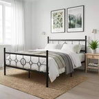 Base de cama de plataforma metálica con cabecero circular vintage, sin necesidad de somier, negra
