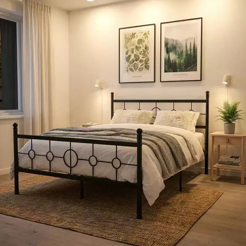 Base de cama de plataforma metálica con cabecero circular vintage, sin necesidad de somier, negra