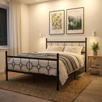Base de cama de plataforma metálica con cabecero circular vintage, sin necesidad de somier, negra