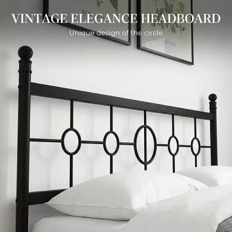 Base de cama de plataforma metálica con cabecero circular vintage, sin necesidad de somier, negra