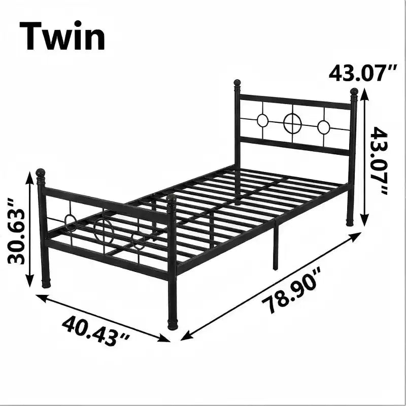 Base de cama de plataforma metálica con cabecero circular vintage, sin necesidad de somier, negra