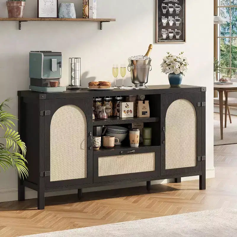 Black Farmhouse Rattan Sideboard, 59.1 Buffet Coffee Bar