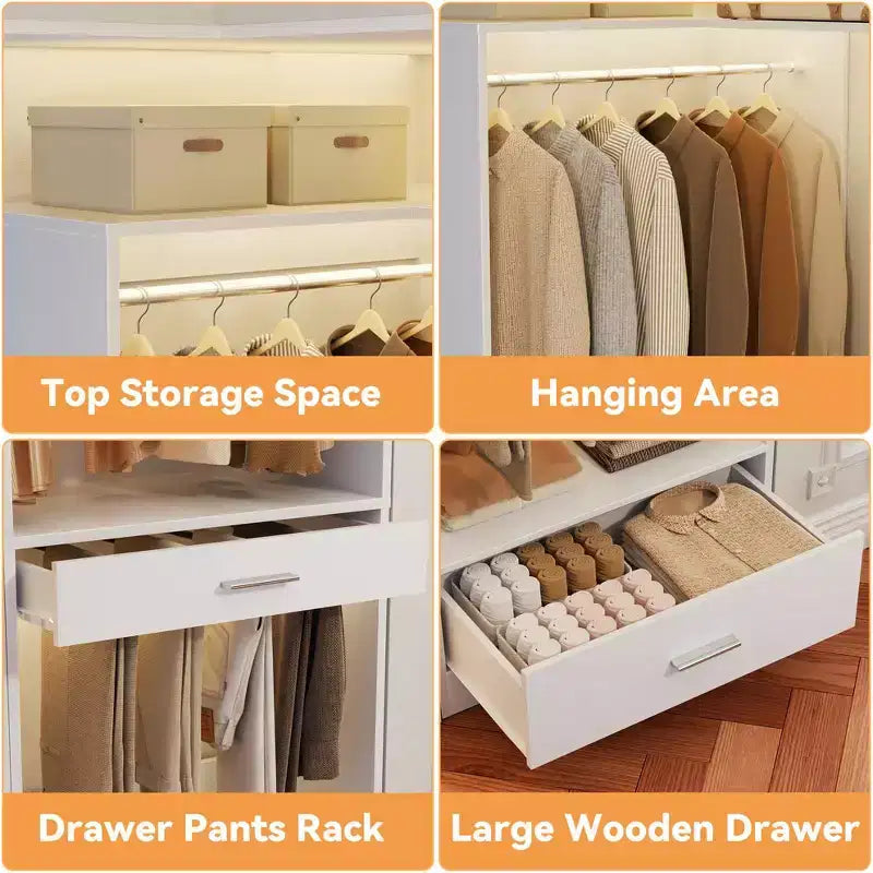 Sistema de clóset esquinero en forma de L con 3 barras para colgar, cajón y pantalonero