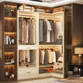 Besiost Corner Closet System with 3 Hanging Rods and Drawer, Wooden Corner Closet Orgainzer