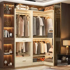 Besiost Corner Closet System with 3 Hanging Rods and Drawer, Wooden Corner Closet Orgainzer